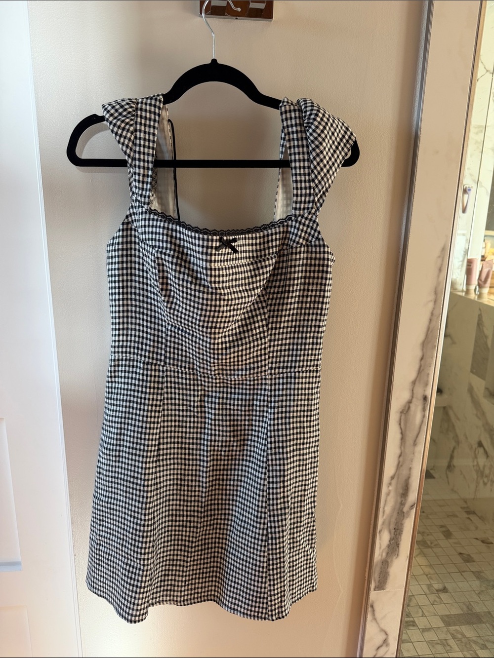 Reformation Black & White Gingham Tie-Shoulder Mini Dress